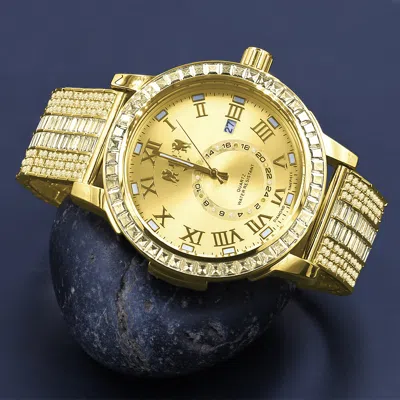 Pre-owned Ice House Real Diamond Yellow Gold Tone Canary Baguette Dial Custom Band Luxury Watch