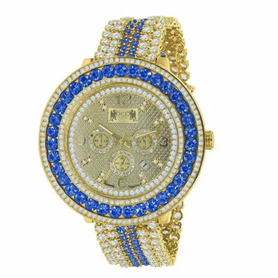 Pre-owned Ice House Real Genuine Diamond Blue Sapphire 18k Yellow Gold Tone W/date Custom Mens Watch