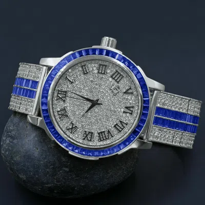 Pre-owned Ice House Roman Dial Sapphire Blue Solid Steel Solitaire Bezel Baguette White Gold Watch