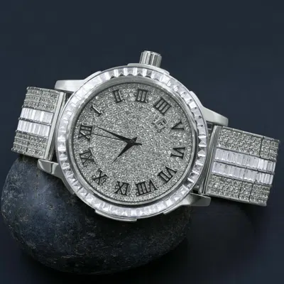 Pre-owned Ice House Roman Dial White Gold Tone Solid Steel Solitaire Bezel Baguette Adjustable Watch