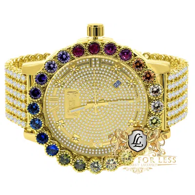 Pre-owned Ice House Roman Face Prong Set Rainbow Multi Gold Tone Diamond Dial Men's Watch Big 55mm
