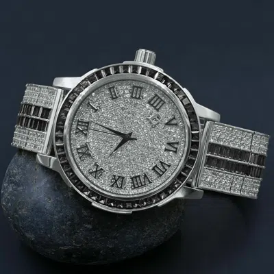Pre-owned Ice House Roman Face Simulated Diamond Black Onyx White Gold Tone Solid Steel Bezel Watch