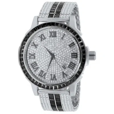 Pre-owned Ice House Roman Face White Gold Tone Black Onyx Solid Steel Bezel Simulated Diamond Watch