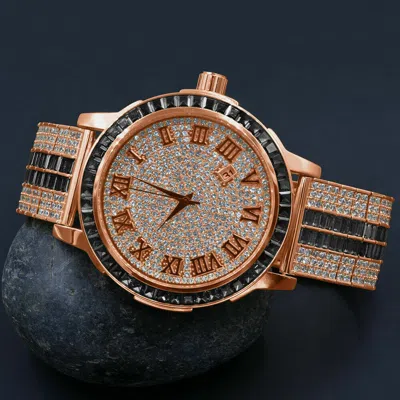 Pre-owned Ice House Roman Numeral Dial Rose Gold Black Onyx Solid Steel Bezel Simulate Diamond Watch