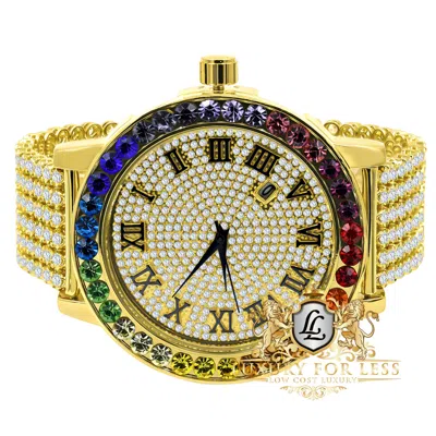 Pre-owned Ice House Roman Numeral Rainbow Multi Gold Tone Simulated Diamond Dial Men's Watch Xl 55mm