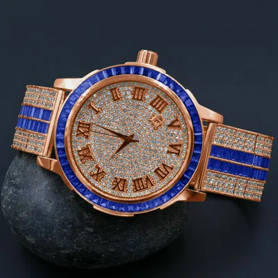 Pre-owned Ice House Roman Numeral Rose Gold Sapphire Blue Solid Steel Baguette Solitaire Bezel Watch