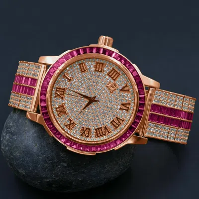Pre-owned Ice House Roman Numerals Dial Pink Tourmaline Solid Steel Baguette Bezel Custom Band Watch