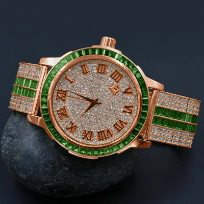 Pre-owned Ice House Roman Numerals Dial Rose Gold Emerald Green Simulated Diamond Steel Bezel Watch