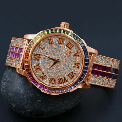 Pre-owned Ice House Roman Numerals Dial Rose Gold Rainbow Multi Tone Solid Steel Bezel Diamond Watch