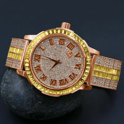 Pre-owned Ice House Roman Numerals Rose Canary Tone Custom Solid Steel Bezel Simulated Diamond Watch