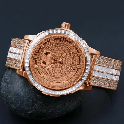 Pre-owned Ice House Rose Gold 2 Tone Finish Real Diamond Solid Steel Bezel Custom Band Watch W/date