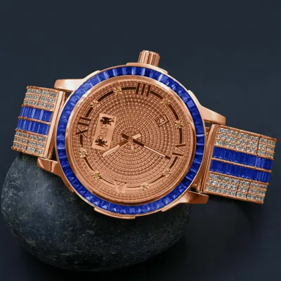 Pre-owned Ice House Rose Gold Diamond Watch Sapphire Blue Solid Steel Baguette Cut Solitaire Bezel