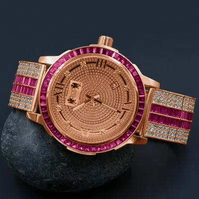 Pre-owned Ice House Rose Gold Genuine Diamond Dial Custom Band Ruby Red Stainless Steel Bezel Watch