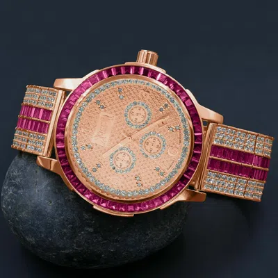Pre-owned Ice House Rose Gold Real Diamond Dial Pink Tourmaline Custom Solid Steel Bezel Watch Band