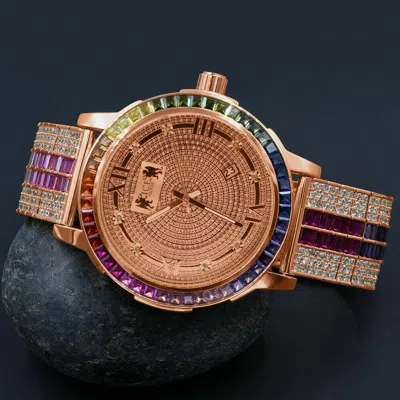 Pre-owned Ice House Rose Gold Real Diamonds Rainbow Multi Tone Solid Steel Bezel Band Dial Men Watch