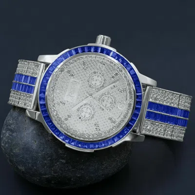 Pre-owned Ice House Sapphire Blue Custom Solid Steel Bezel Real Diamond Dial White Gold Tone Watch