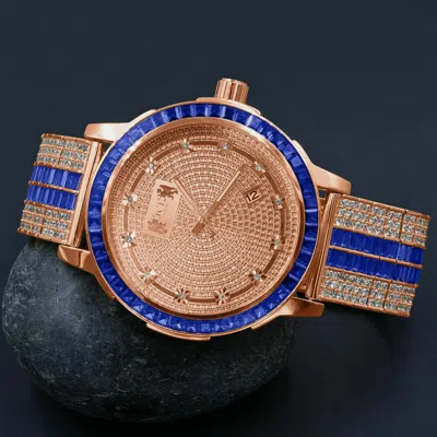 Pre-owned Ice House Sapphire Blue Diamond Watch Solid Steel Baguette Cut Solitaire Bezel Rose Gold