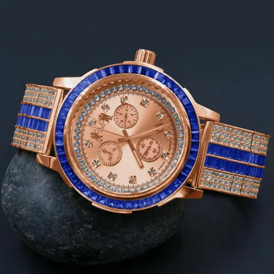 Pre-owned Ice House Sapphire Blue Real Diamond Dial Rose Gold Stainless Steel Baguette Bezel Watch