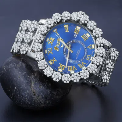 Pre-owned Ice House Sapphire Blue Real Diamond Roman Dial Flower Band Bezel White Gold Finish Watch