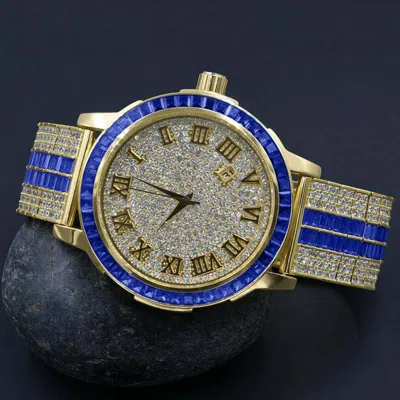 Pre-owned Ice House Sapphire Blue Roman Numeral Dial Simulate Diamond Solid Steel Bezel Custom Watch