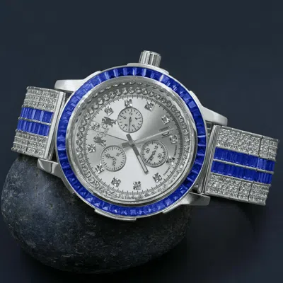 Pre-owned Ice House Sapphire Blue White Gold Custom Solid Steel Baguette Bezel & Band Diamond Watch