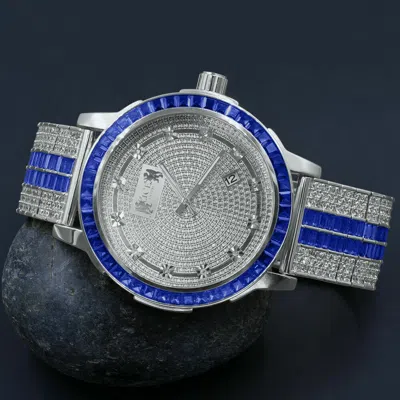 Pre-owned Ice House Solid Steel Baguette Solitaire Bezel Sapphire Blue Real Diamond White Gold Watch