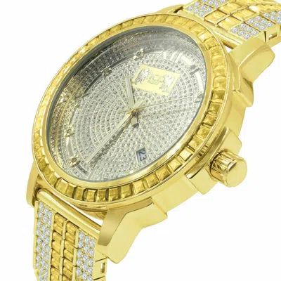 Pre-owned Ice House Solid Steel Bezel Canary Gold Tone Real Diamond Dial Custom Band Watch With Date