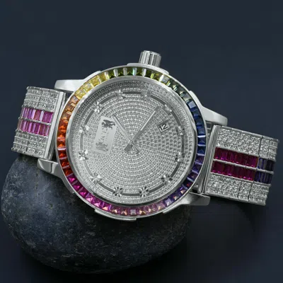 Pre-owned Ice House Solid Steel Bezel Solid Steel Bezel Rainbow White Gold Finish Real Diamond Watch