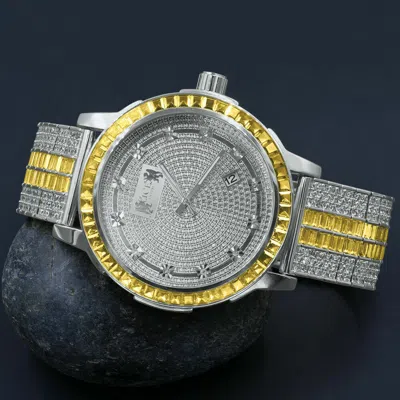 Pre-owned Ice House Solid Steel Canary Bezel Real Diamond White Gold Custom Band Men's Watch W/date