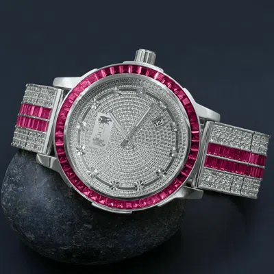 Pre-owned Ice House Solid Steel Custom Bezel Pink Tourmaline Real Diamond Dial White Gold Tone Watch