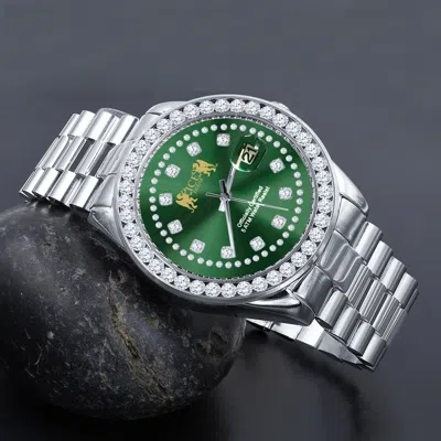 Pre-owned Ice House Solid Steel Green Dial Solitaire White Gold Finish Simulated Diamond 41mm Watch