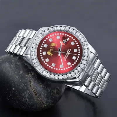 Pre-owned Ice House Solid Steel Mens Red Dial Solitaire White Gold Tone Simulated Diamond 41mm Watch