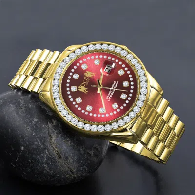 Pre-owned Ice House Solid Steel Solitaire Men's Yellow Gold Finish Red Dial Simulated Diamond Watch