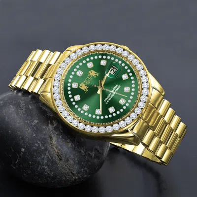 Pre-owned Ice House Solid Steel Solitaire Yellow Gold Finish Green Dial Simulated Diamond 41mm Watch