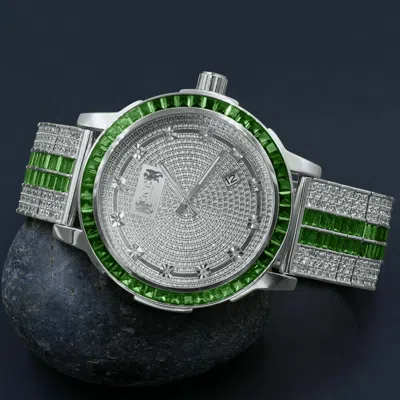 Pre-owned Ice House Stainless Steel Bezel Real Diamond Dial Emerald Green Adjustable Band Mens Watch