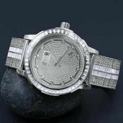 Pre-owned Ice House Stainless Steel Custom Bezel & Band Diamond Dial White Gold Finish Watch W/date