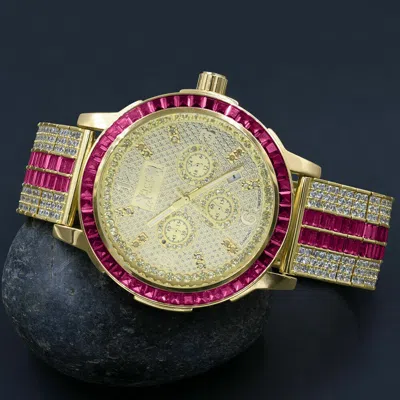 Pre-owned Ice House Stainless Steel Custom Bezel Gold Finish Watch Ruby Red Mens Real Diamond Dial
