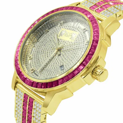 Pre-owned Ice House Stainless Steel Real Diamond Dial Ruby Red Gold Tone Finish Custom Bezel Watch