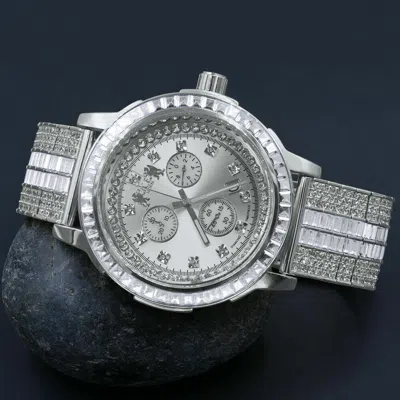 Pre-owned Ice House Stainless Steel White Gold Baguette Solitaire Custom Bezel Adjustable Band Watch
