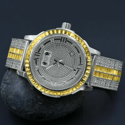 Pre-owned Ice House White Gold Canary Real Diamond Roman Numeral Solid Steel Bezel Custom Band Watch