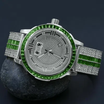 Pre-owned Ice House White Gold Real Diamond Green Custom Stainless Steel Bezel Adjustable Band Watch