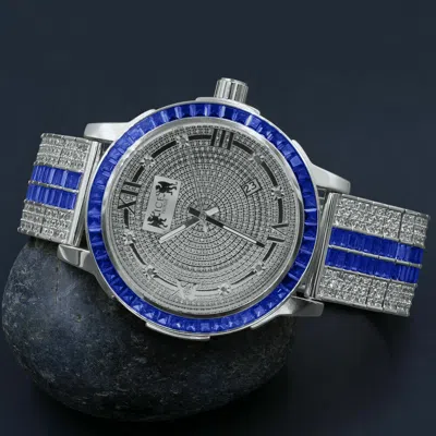 Pre-owned Ice House White Gold Sapphire Blue Real Diamonds Roman Dial Solid Steel Bezel Band Watch