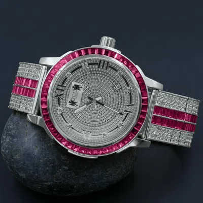 Pre-owned Ice House White Gold Tone Real Diamond Dial Pink Tourmaline Solid Steel Custom Bezel Watch