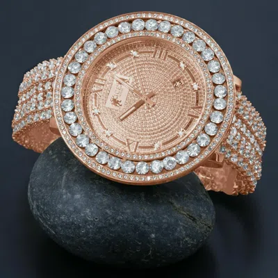 Pre-owned Ice House White Solitaire Full Diamond Illusion Face 18k Rose Gold Tone W/date Watch