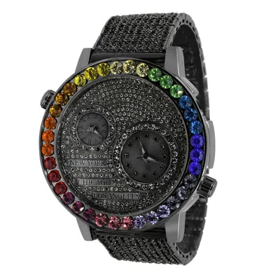 Pre-owned Ice Master 2 Time Zone Black Gold Rainbow Bezel Chronograph Solitaire Diamond Dial Watch
