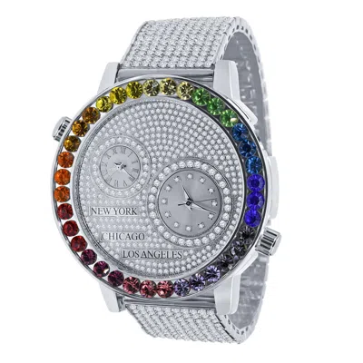 Pre-owned Ice Master 2 Time Zone Diamond Dial Chronograph Solitaire Rainbow Bezel White Tone Watch