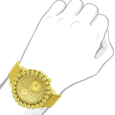 Pre-owned Ice Master Canary Gold Tone Men's Prong Set Real Diamond Dial 2 Time Zone Chronograph Watch