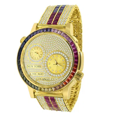 Pre-owned Ice Master Genuine Diamond Gold Tone 2 Time Zone Chronograph Baguette Rainbow Dial Watch