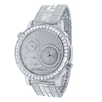 Pre-owned Ice Master Genuine Diamond White Gold Tone 2 Time Zone Chronograph Baguette Dial Band Watch