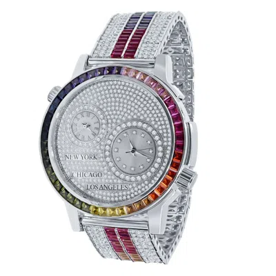 Pre-owned Ice Master Genuine Diamond White Tone 2 Time Zone Chronograph Baguette Rainbow Dial Watch